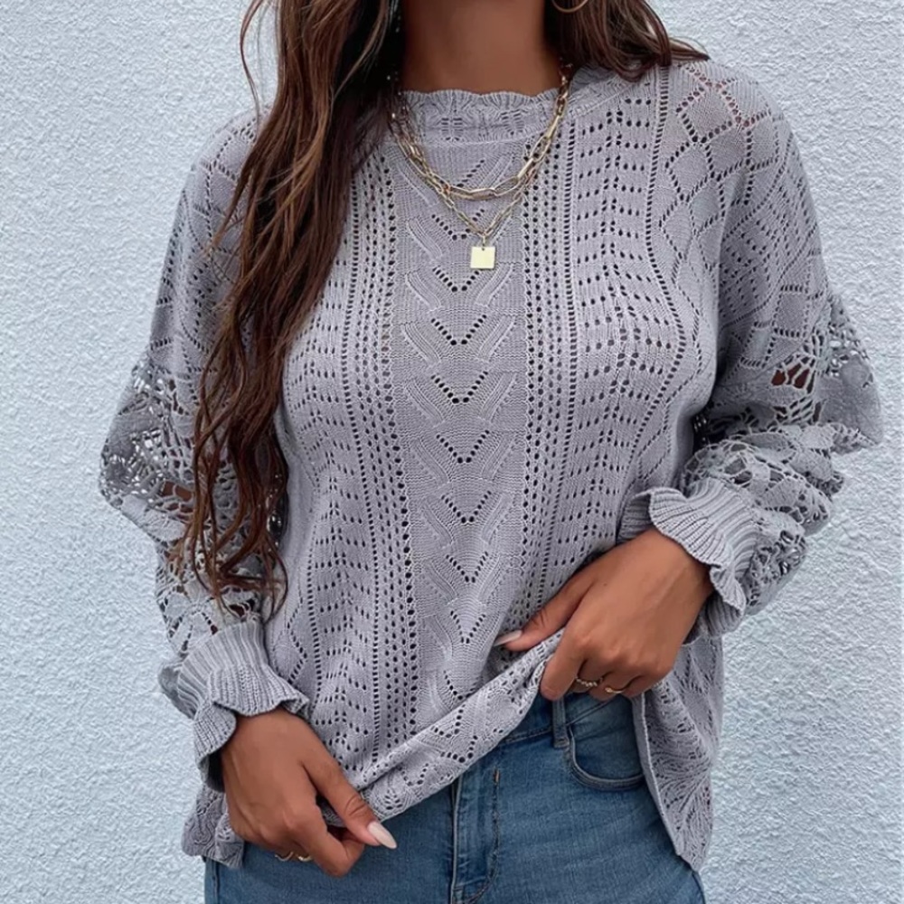 Last 1 M! New Bohemian Chic Knit Slouchy Sweater with Crochet Sleeves - Picture 5 of 10